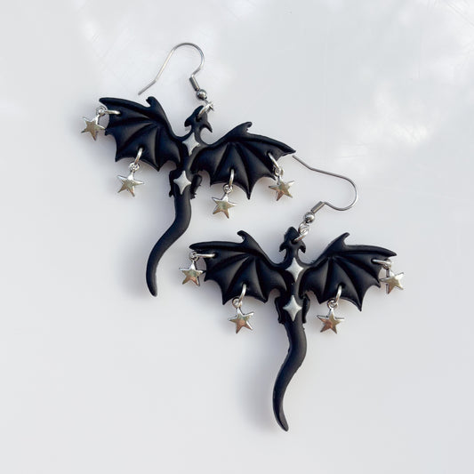 SILVER STAR BLACK DRAGON EARRINGS