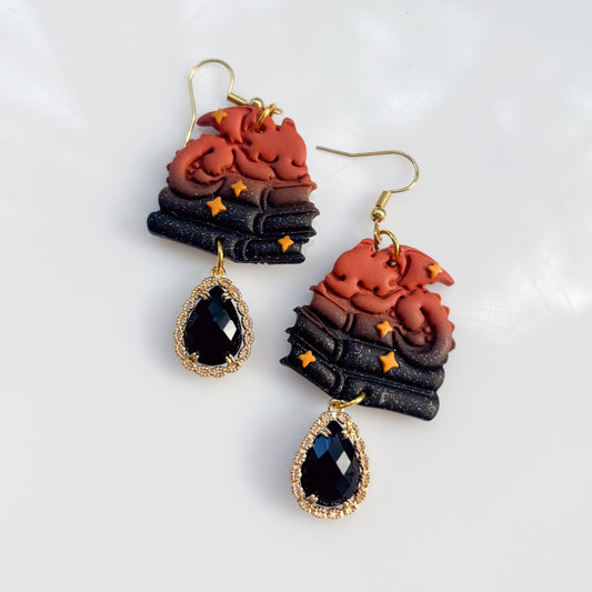 ORANGE FLAME BOOK DRAGON EARRINGS