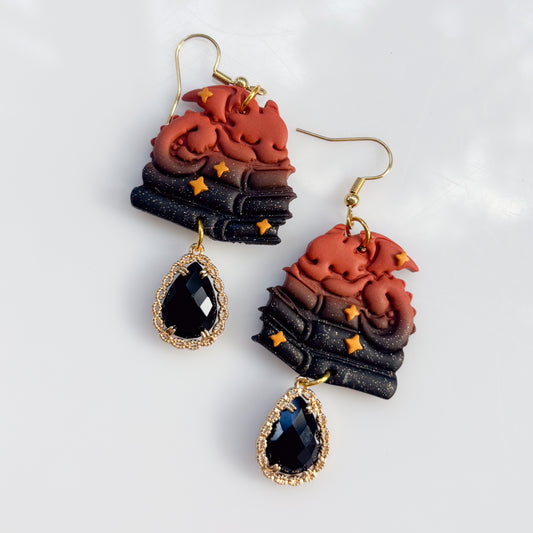 ORANGE FLAME BOOK DRAGON EARRINGS