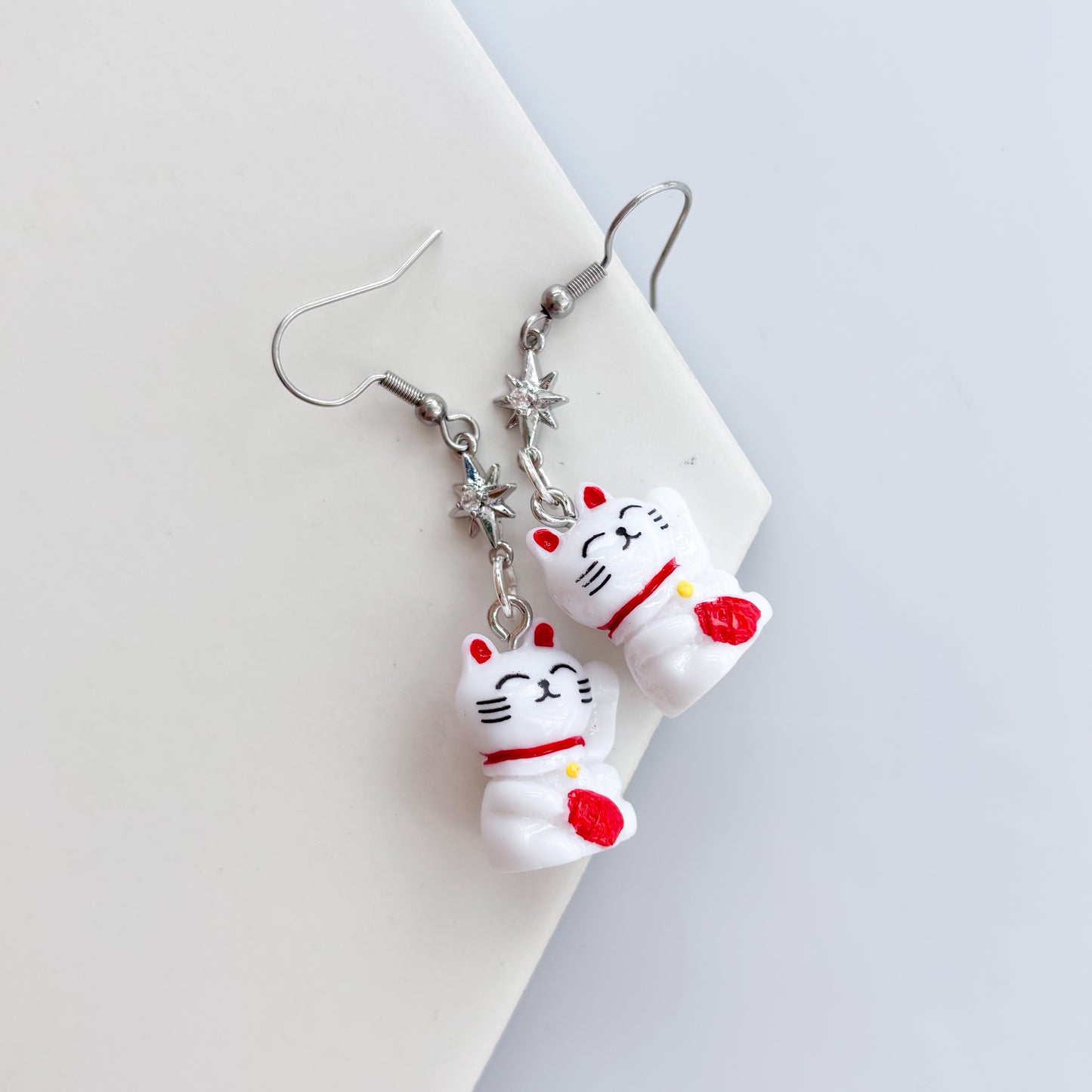 LUCKY CAT SILVER STAR CHARM EARRINGS