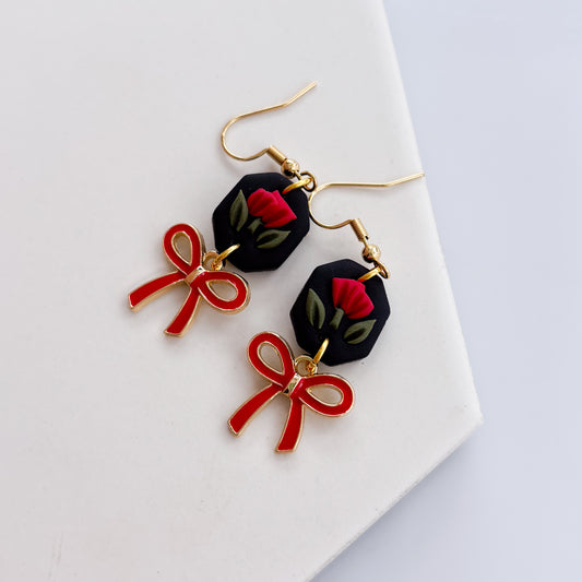 BLACK & RED OCTAGON & BOW EARRINGS