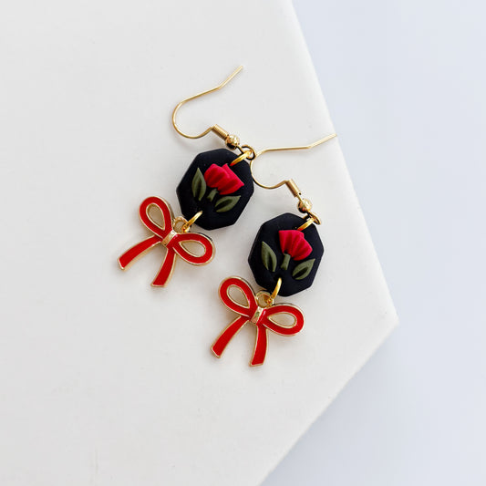 BLACK & RED OCTAGON & BOW EARRINGS
