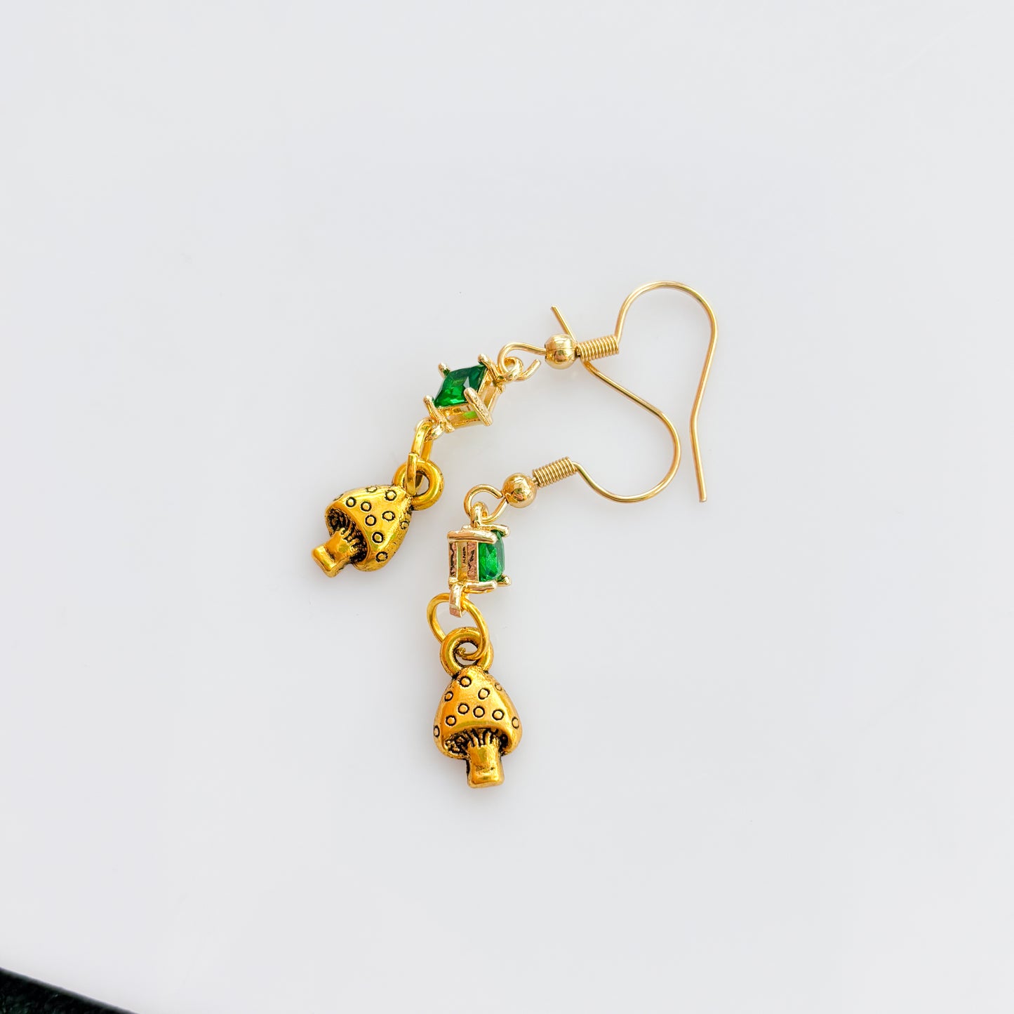GOLD MUSHROOM & GREEN GEM CHARM EARRINGS