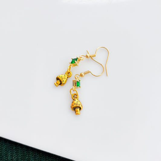GOLD MUSHROOM & GREEN GEM CHARM EARRINGS