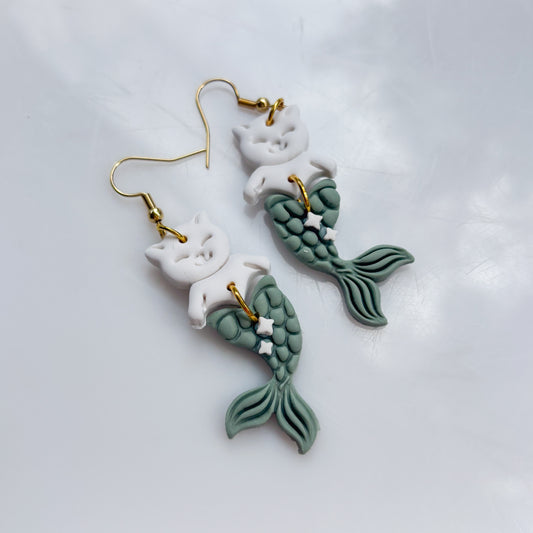 SAGE MERMAID CAT EARRINGS (CAT-FISH!)