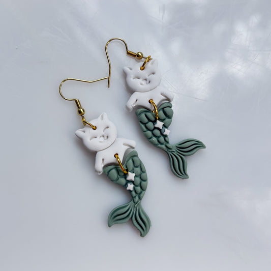 SAGE MERMAID CAT EARRINGS (CAT-FISH!)