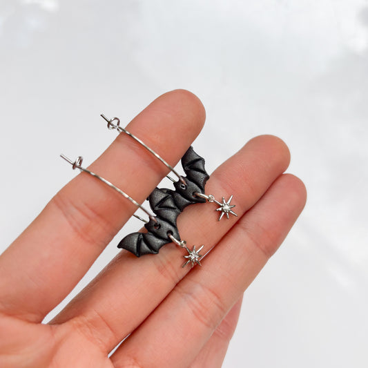 SILVER BAT HOOP EARRINGS