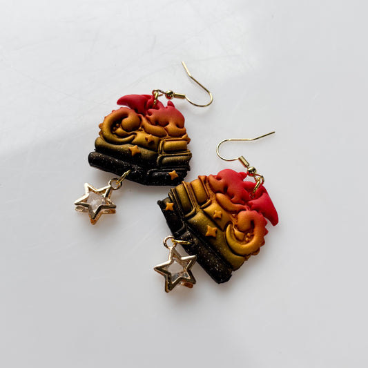 DRAGON ON BOOK EARRINGS (RED ORANGE BLACK GLITTER)
