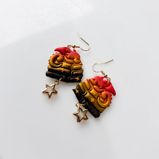 DRAGON ON BOOK EARRINGS (RED ORANGE BLACK GLITTER)