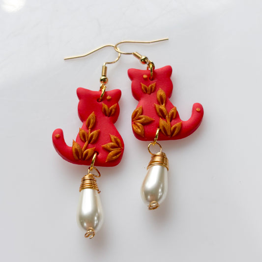 RED PORCELAIN CAT EARRINGS