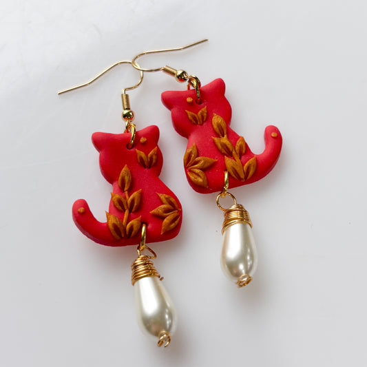 RED PORCELAIN CAT EARRINGS