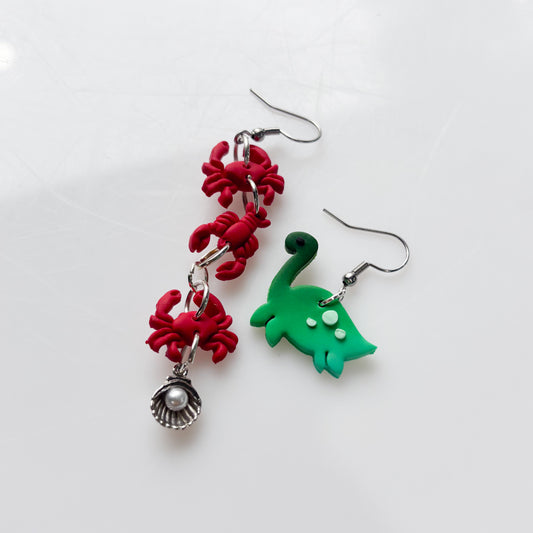 CRAB/LOBSTER & LOCH NESS MISMATCHED EARRINGS