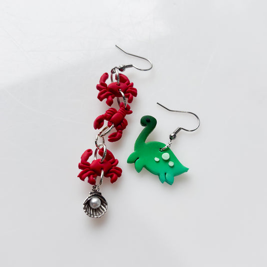 CRAB/LOBSTER & LOCH NESS MISMATCHED EARRINGS