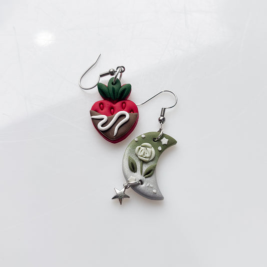 MISMATCHED CHOCOLATE STRAWBERRY & GREEN MOON EARRINGS
