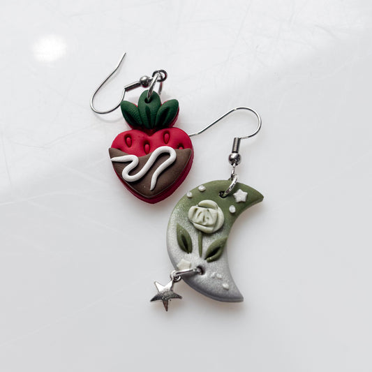 MISMATCHED CHOCOLATE STRAWBERRY & GREEN MOON EARRINGS