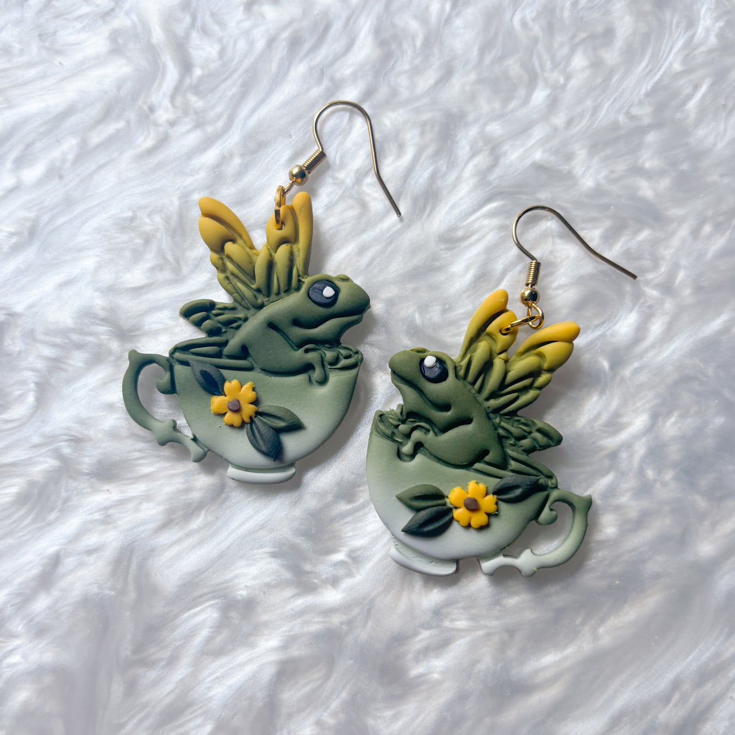 SUNFLOWER FROGS IN TEACUPS EARRINGS