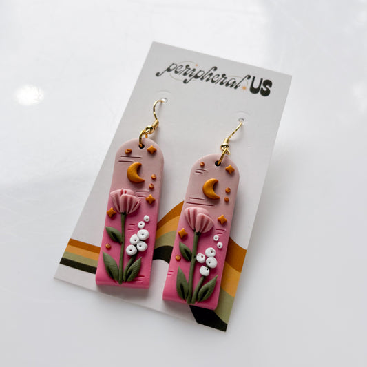PINK FLORAL TALL ARCH EARRINGS