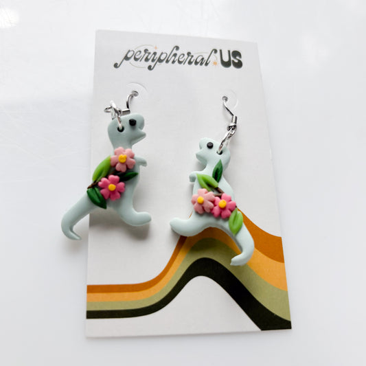 PALE BLUE CHERRY BLOSSOM T-REX DINO EARRINGS