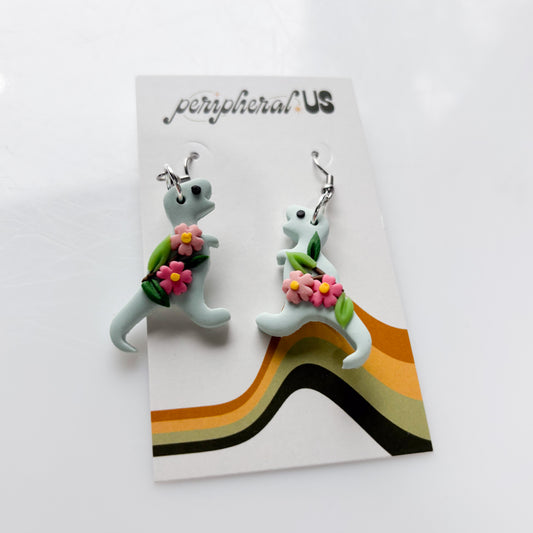 PALE BLUE CHERRY BLOSSOM T-REX DINO EARRINGS