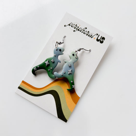 OMBRE DUSTY BLUE TO GREEN T-REX DINO EARRINGS