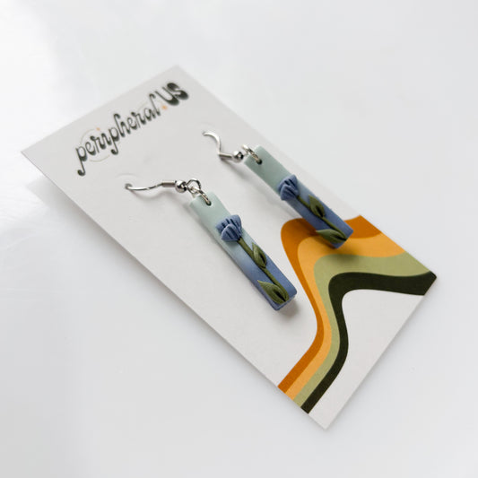 BLUE THIN RECTANGLE FLOWER EARRINGS
