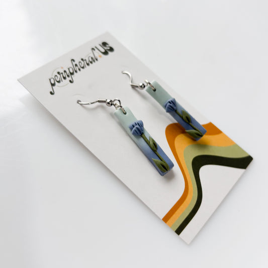 BLUE THIN RECTANGLE FLOWER EARRINGS