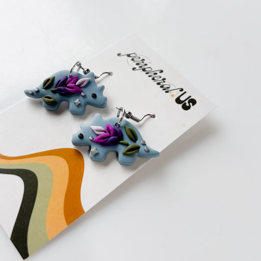 DUSTY BLUE LAVENDER TRICERATOPS DINO EARRINGS