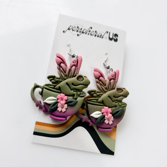 PINK FROG IN TEACUP EARRINGS