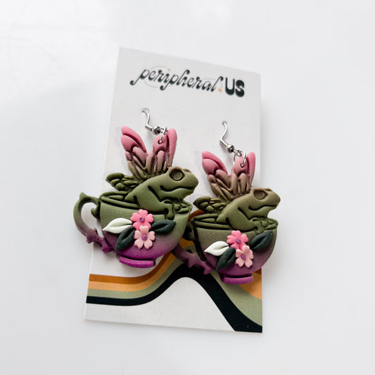 PINK FROG IN TEACUP EARRINGS
