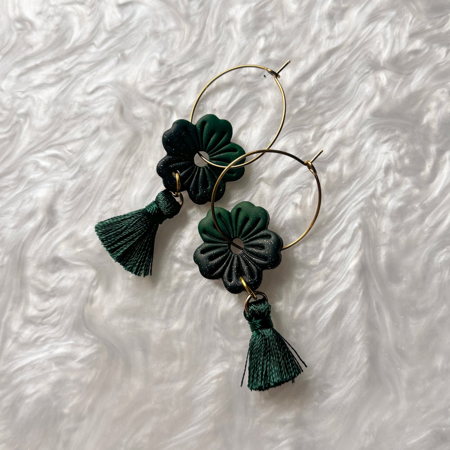 GREEN TWILIGHT FLOWER HOOP EARRINGS