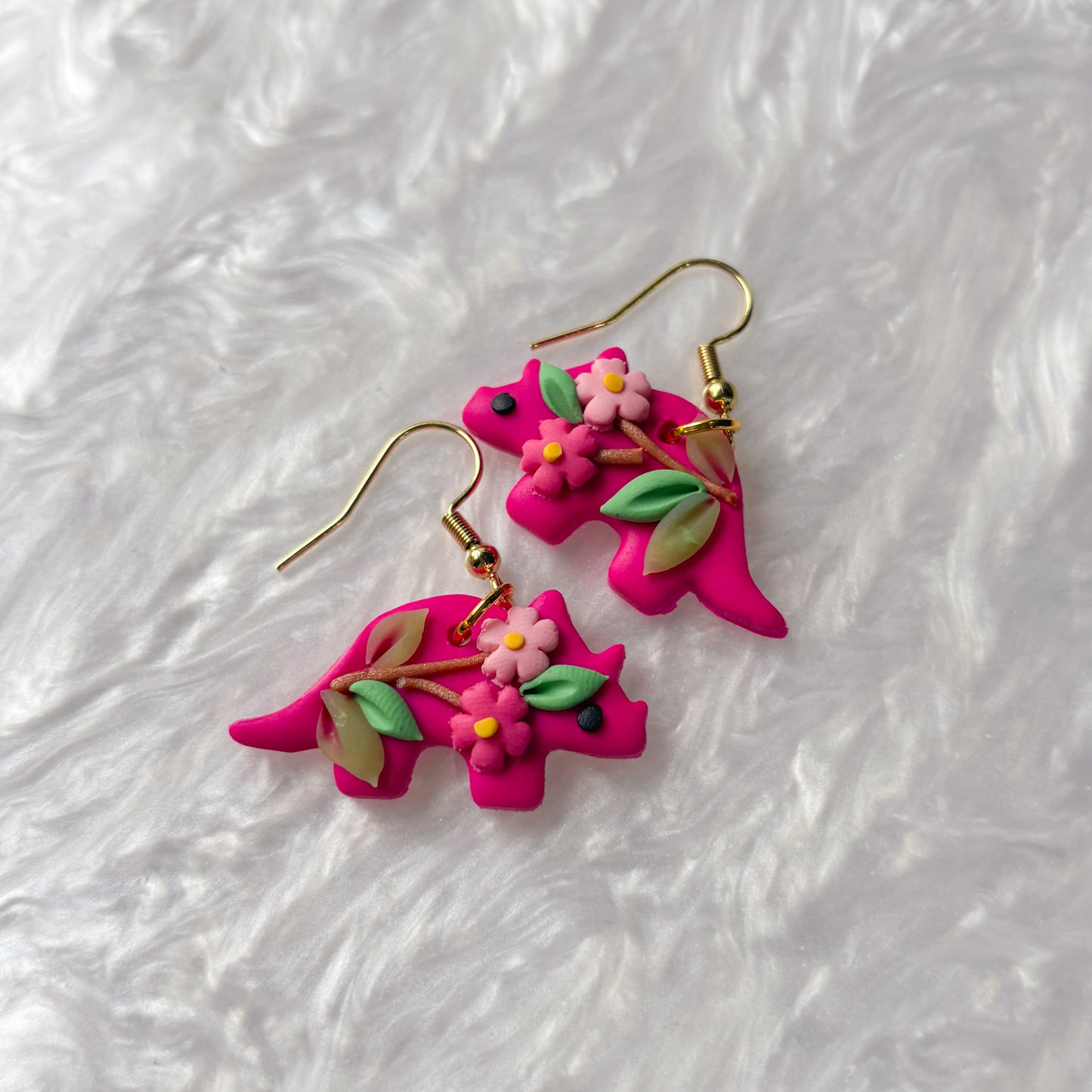 BRIGHT CHERRY BLOSSOM DINO EARRINGS (TRICERATOPS)