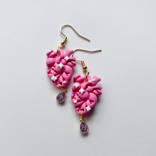 PINK SPARKLE ANATOMICAL HEART EARRINGS