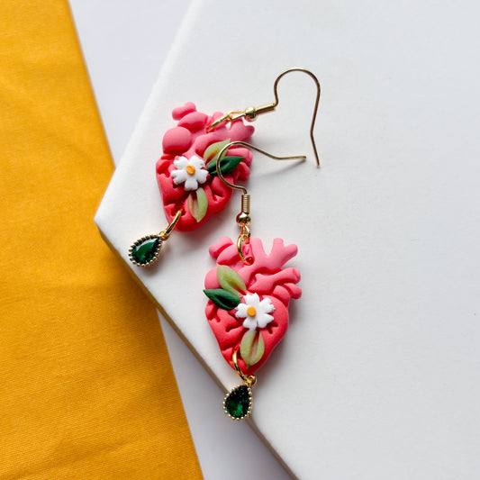 PINK DAISY ANATOMICAL HEART EARRINGS