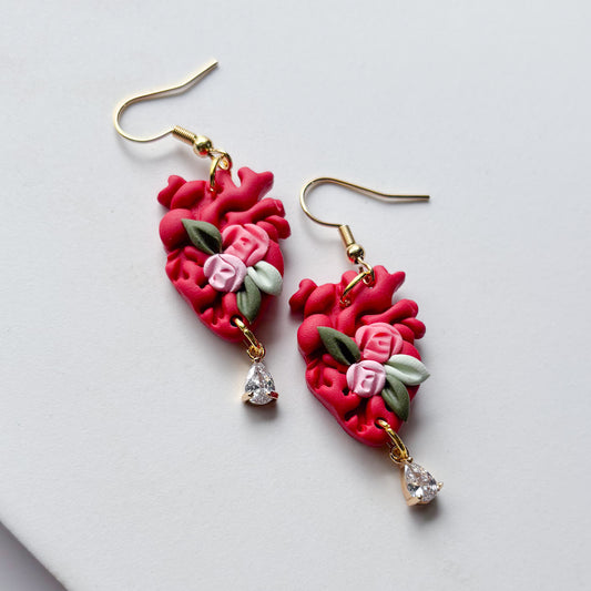 RED FLORAL ANATOMICAL HEART EARRINGS