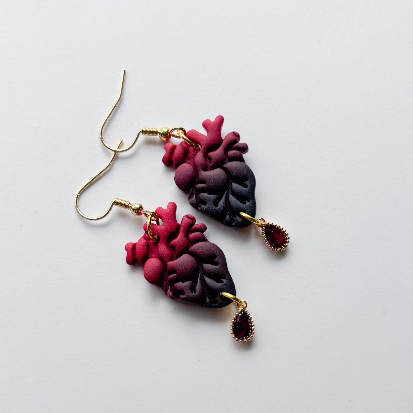 GOTHIC RED/BLACK OMBRE ANATOMICAL HEART EARRINGS