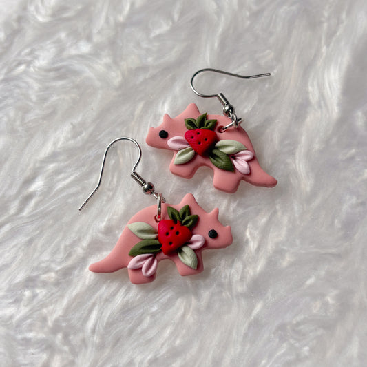 STRAWBERRY DINO EARRINGS (TRICERATOPS)
